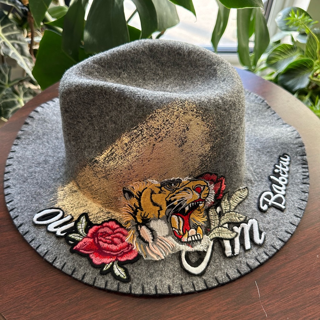 Tiger And Roses Embroidered Gray And Gold Winter Wool Hat